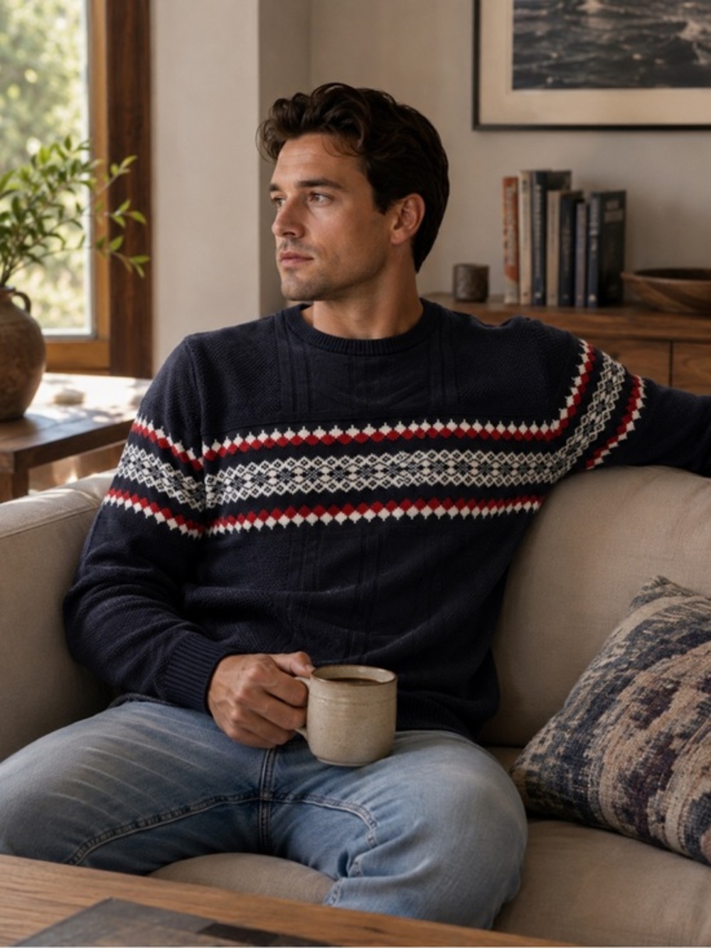 Nautica Men’s Navy Crewneck Sweater with Red & White Fair Isle Yoke